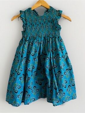 French Connection Girls 7/8 Dress Teal Blue Block Print Smocked Cotton Ruffle